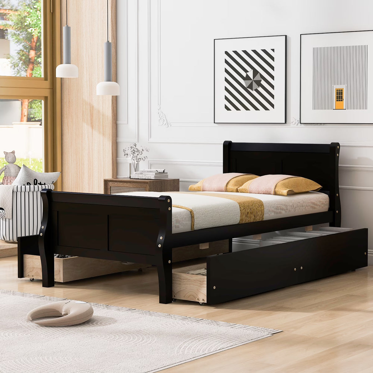 Full Size Wood Platform Bed with 4 Drawers,Storage Bed Frame with Streamlined Headboard and Footboard for Kids, Teens, Boys, Girls,Wooden Slats Support, No Box Spring Needed,Oak