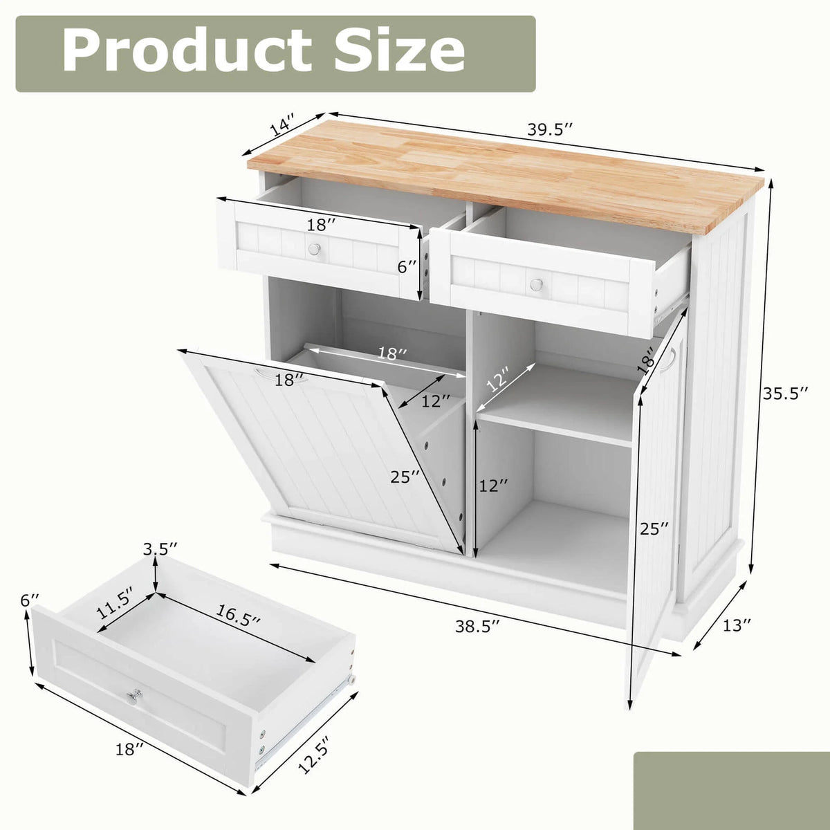 Costway 15.5 Gallon Kitchen Tilt Out Trash Cabinet Rubber Wood Tabletop 2 Drawers Shelf Gray