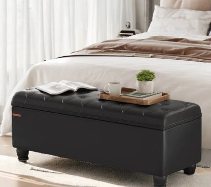 SONGMICS 46.5" Storage Ottoman Bench Storage Bench Bedroom Bench 330lb Load Capacity Solid Wood Legs Light Gray