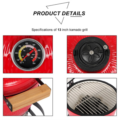 13in Ceramic Charcoal Kamado Grill with Heavy Duty Heat-Resistant Walls, 50-800��F Temp Control, for Backyard Grilling, Smoking, Baking, Orange