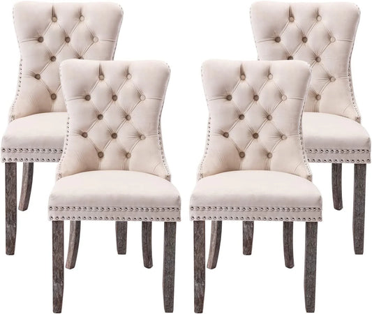 Tzicr Dining Chairs Set of 4, Velvet Upholstered Dining Chairs with Nailhead Back and Ring Pull Trim,Solid Wood Dining Chairs for Kitchen/Bedroom/Dining Room,Modern Fabric Dining Set,Beige