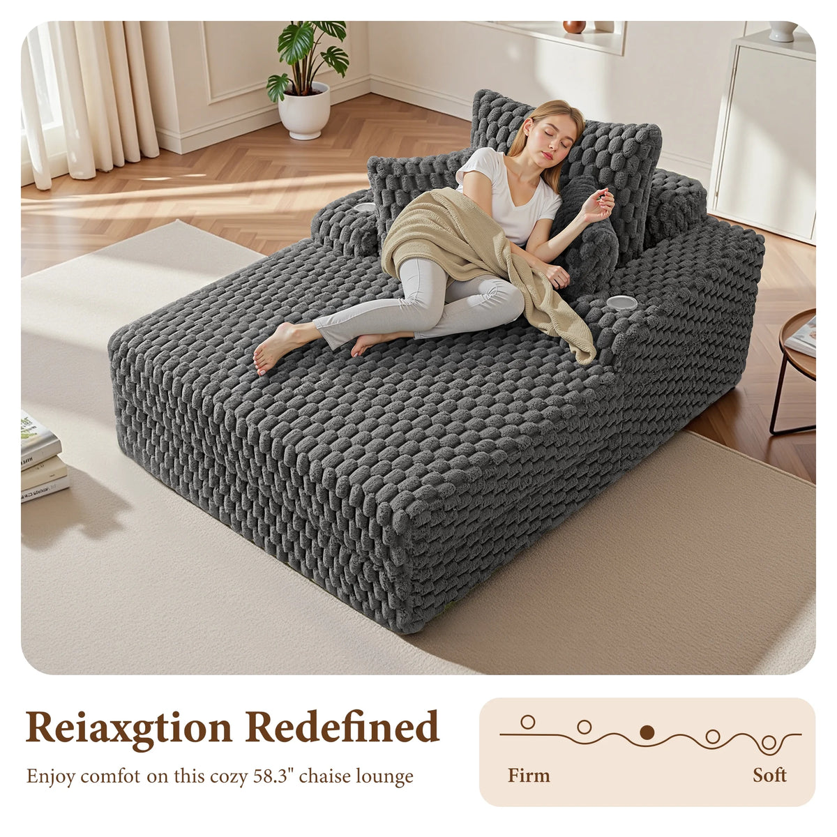 ATHOPE 53"W Oversized Chaise Lounge Chair Indoor, Corduroy Couch Chair with Pillows, Comfy Reading Chairs with Wide Arms, Upholstered Sleeper Sofa for Living Room, No Assembly Required, Gray