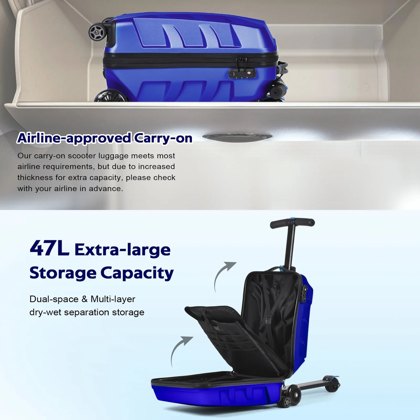 Advwin Scooter Suitcase for Kids & Adults, 3-D Hardshell Ride On Scooter Luggage with LED Light Up Wheels, TSA Lock, Lightweight Foldable Carry On Rideable Suitcase for Children Teenagers, Silver
