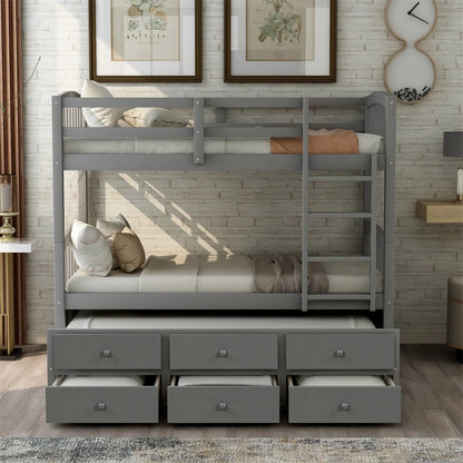Twin-Over-Twin Bunk Bed with 3 Storage Drawers, Twin Bunk Bed Frame with Ladder & Safety Rail, Pinewood Trundle Bunk Bed for Teen Bedroom, Guest Room Furniture, Can be Convertible to 2 Beds, Gray