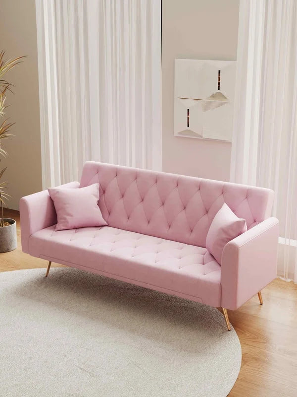 FFH Modern Corduroy Futon Sofa Bed with Adjustable Backrest,Convertible Loveseat Sleeper,Soft Couch with Drop-Down Table and Cup Holder for Living room,Pink