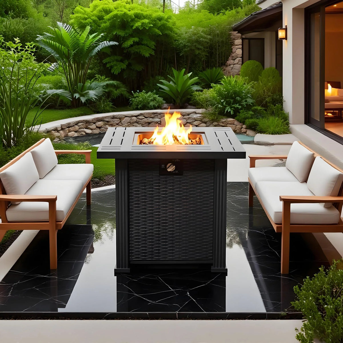 28" Fire Pit Table, Propane Fire Pit with Lid, Lava Rocks, 50000 BTU Outdoor Gas Fire Pit, Metal Square Propane Fire Pit for Outside Garden Backyard Deck Patio, Brown, LLL4008