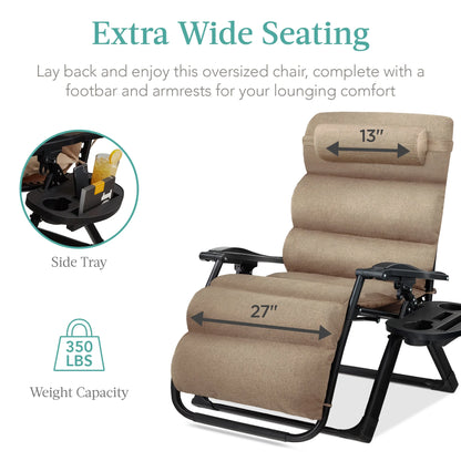 Best Choice Products Oversized Zero Gravity Chair, Folding Recliner w/ Removable Cushion, Side Tray - Fossil Gray