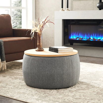 BTMWAYRound Coffee Table, 2 in 1 Round Storage Ottoman with Reversible Lid Tray, Upholstered Round Storage Ottoman Coffee Table with Storage, Footstool End Table for Living Room, Bedroom, Light Gray