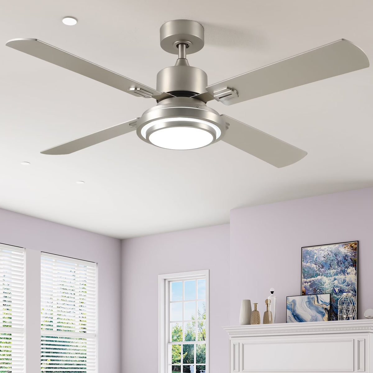 Dextrus 52'' Ceiling Fan with Light and Remote Control, 6 Speeds, 5 Timer Settings, and Dual-Finish Blades (Nickel)