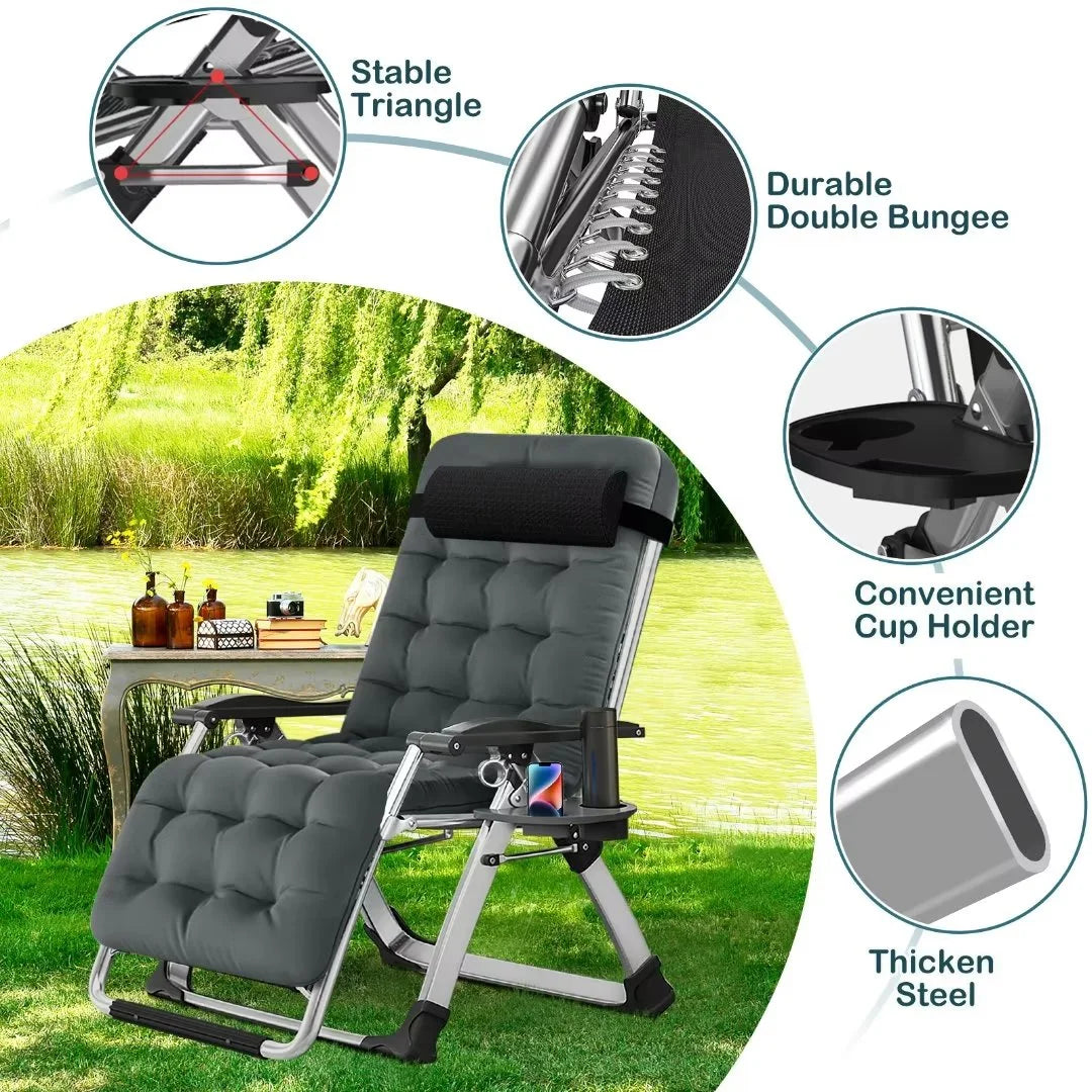 NAIZEA 2 Pack Zero Gravity Chair, Foldable Portable Lawn Recliner with Cushion, Headrest, Cup Holder, Black