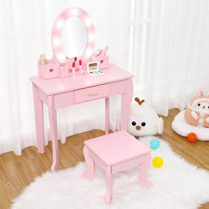 Girl Vanity Table and Chair Set, Kids Wood Makeup Dressing Table with Lights, Mirror, Drawer & Stool