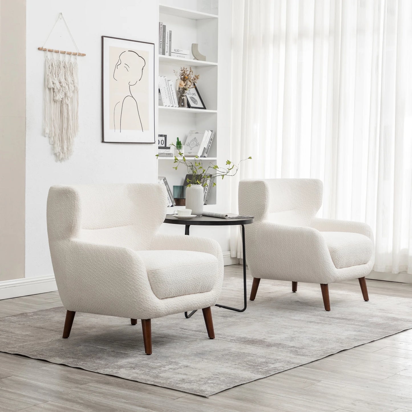 ALEAVIC White Accent Chair Upholstered Armchair with Solid Wood Legs