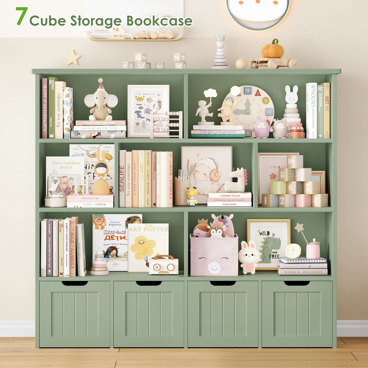 Homfa 7 Cube Toy Storage Organizer, Kids Geometric Bookcase and Bookshelf with 4 Drawers, White