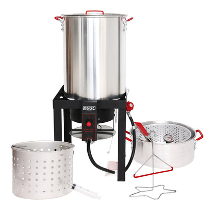 NUUK 30QT Turkey Fryer & 10QT fish fryers outdoor cooking Kit,50,000 BTU Propane Burner��Seafood Boil Pot,Cover & Skimmer Included, Aluminum Deep Fryer Pot with Basket Crab, Gifts for Thanksgiving Day