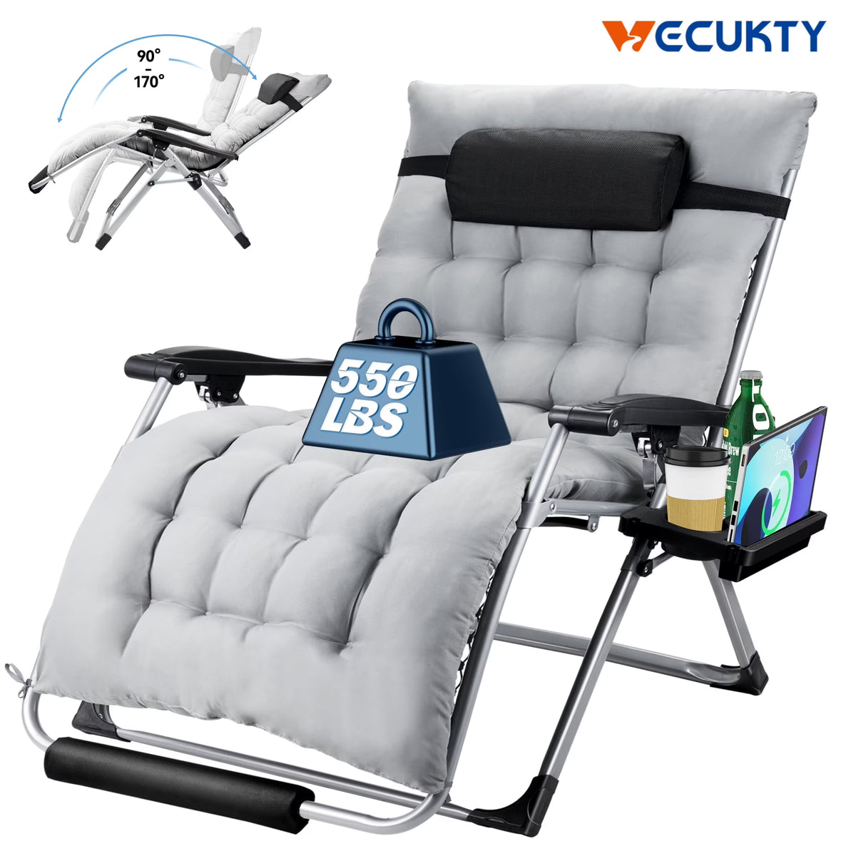 VECUKTY XXL Oversize Zero Gravity Chair - 500lb Capacity, 33-Inch Wide Padded Seat, Folding Travel Recliner for Outdoor / Indoor Use - Patio, Lawn, Black, Portable and Heavy Duty