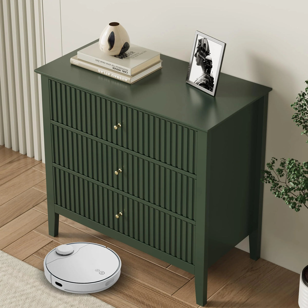 May Color Large White 3 Drawer Dresser Set of 2 with Fluted Panel, Modern Chest of Drawers with Silent Slide Drawers, Wood Accent Nightstand with Storage for Bedroom Living Room, Hallway