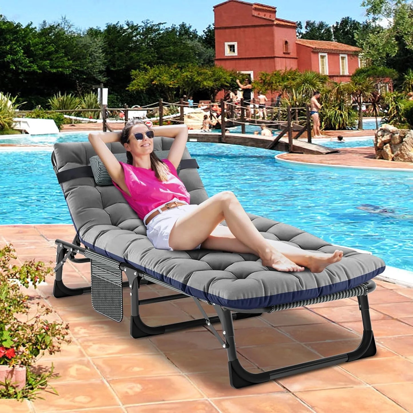 Slsy Folding Lounge Chair, 5-Position Adjustable Outdoor Reclining Chair, Folding Sleeping Bed Cot, Folding Chaise Lounge Chair for Pool Beach Patio Sunbathing
