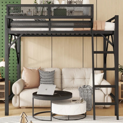 Duxelifin Queen Size Metal Loft Bed Frame, Heavy Duty Steel High Loft Bed with Storage Shelves & Ladder, Space-Saving Loft Bed for Apartments, Adults, Teens & Juniors (Black)