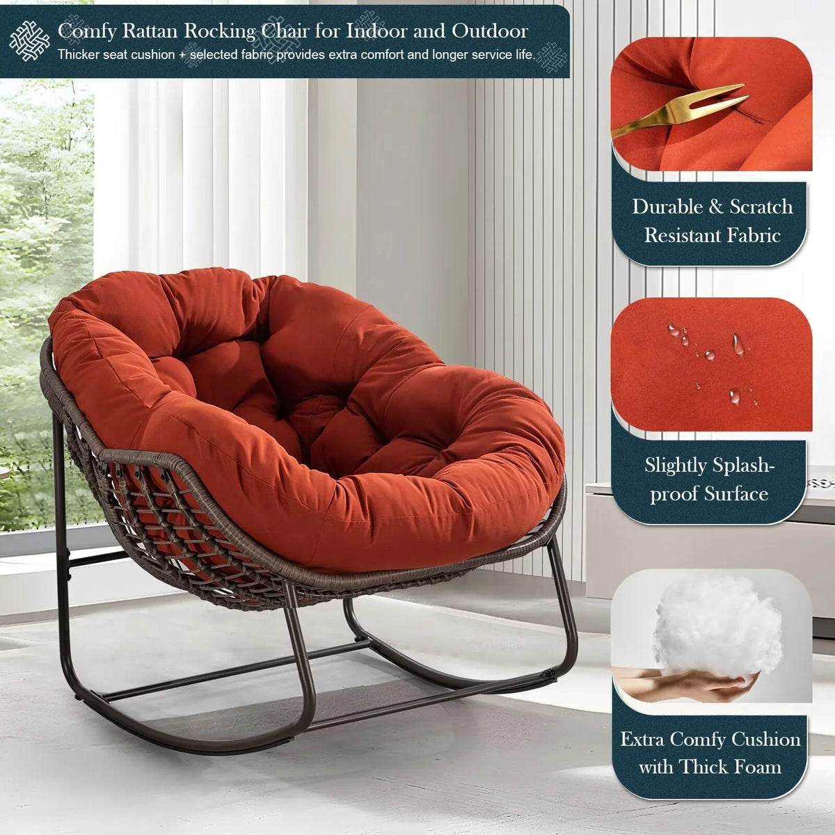 Outdoor Papasan Rocking Chair, Patio Oversized Wicker Egg Rocking Chair, Indoor & Outdoor Comfy Rocker Chair with Thick Cushion, Modern Lounge Chair for Front Porch, Garden, Backyard, Grey