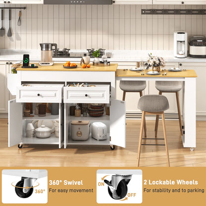ANPOO Large Kitchen Island with Extendable Dining Table and Power Outlet, Rolling Kitchen Island Cart on Wheels with 2 Storage Cabinets & 2 Drawers & 3 Spice Racks, Island Table for Kitchen