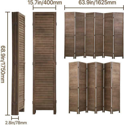 Dkelincs 6 Panel Wood Room Divider Folding Privacy Screen 5.75 Ft Freestanding Partition Wall Divider, Brown