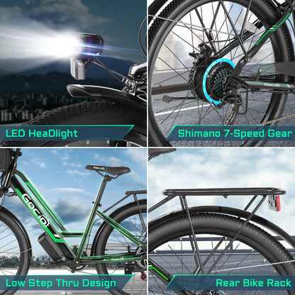 Gocio 26" Electric Bike for Adults, 500W Electric Cruiser Bike, 48V/7.8Ah Removable Battery, 7 Speed, City Commuting E-bike, UL2849