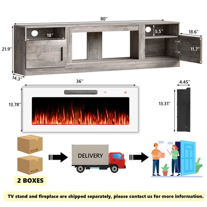 Waleaf Fireplace TV Stand with 36" Electric Fireplace Up to 80" TVs, Modern Wood Media TV Console with Highlight Cabinet, White
