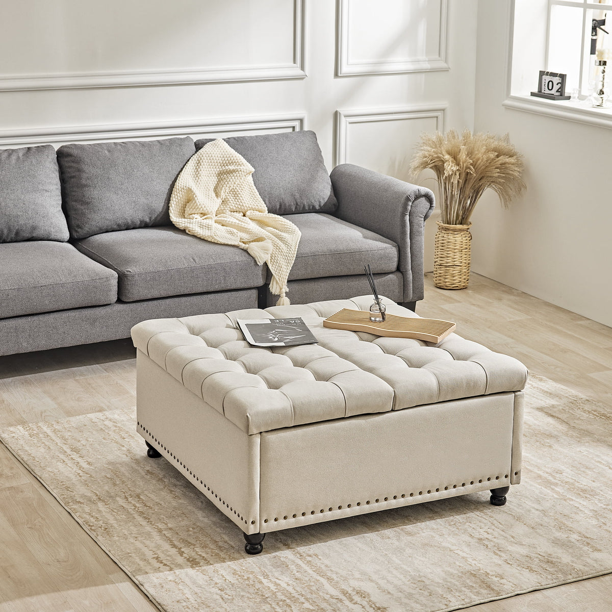 Redlife 35 Inch Large Square Storage Ottoman Bench, Storage Ottoman Coffee Table Large Square Ottoman with Storage Lift Top Tufted Storage Ottoman for Living Room (Brown Leathaire)