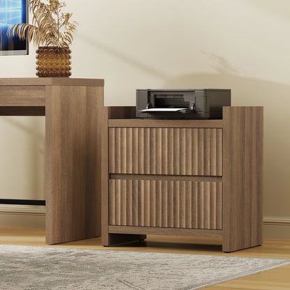 SICOTAS 25.4" Wide Nightstand Set of 2 with Charging Station, Modern Night Stand  with  2 Fluted Dresser & Handle-Less Storage Farmhouse Bed Side Table  for Bedroom, Natural Oak
