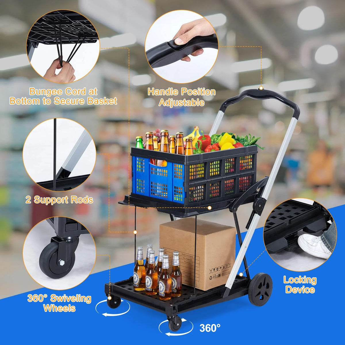 Collapsible Utility Cart, Multi Use Functional Collapsible Shopping Carts, 2-Tier Collapsible Shopping Cart with Storage Crates, Heavy Duty Utility Cart Folding Trolley for Shopping, Picnic and Office