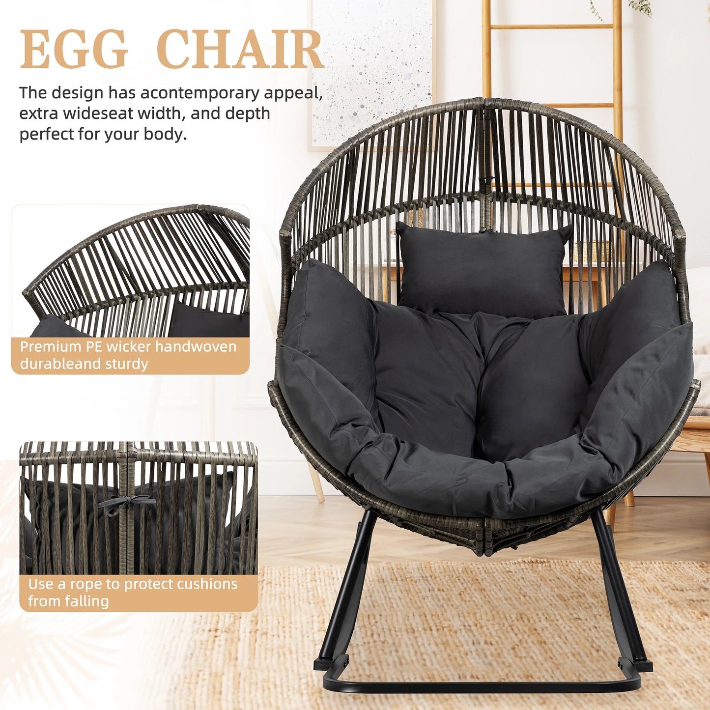 Walsunny Egg Chairs Outdoor Patio Wicker Oversized Egg Shell Lounger Lawn Chair with Cushion for Indoor Outside Porch Balcony Backyard, Original Wood Color Rattan Beige Cushion