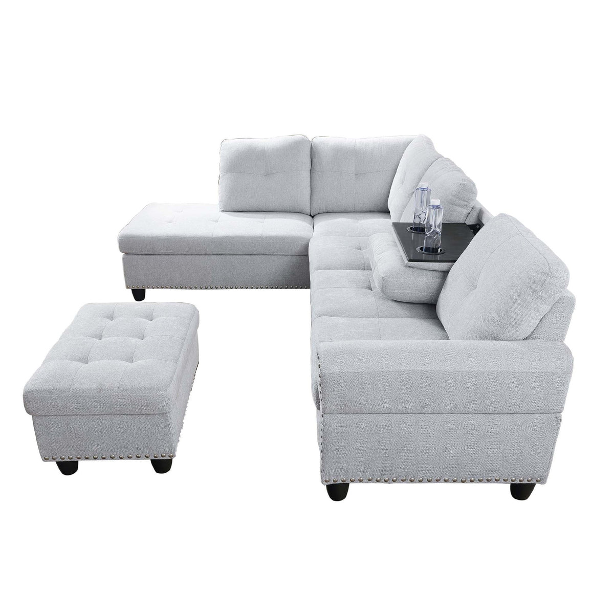 Aukfa 3 Piece Sectional Sofa, Living Room Couch with Storage Ottoman&Cup Holder, Linen, Right Hand, Purple