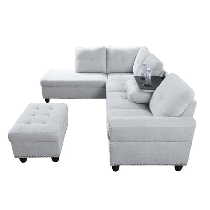 Aukfa 3 Piece Sectional Sofa, Living Room Couch with Storage Ottoman&Cup Holder, Linen, Right Hand, Purple