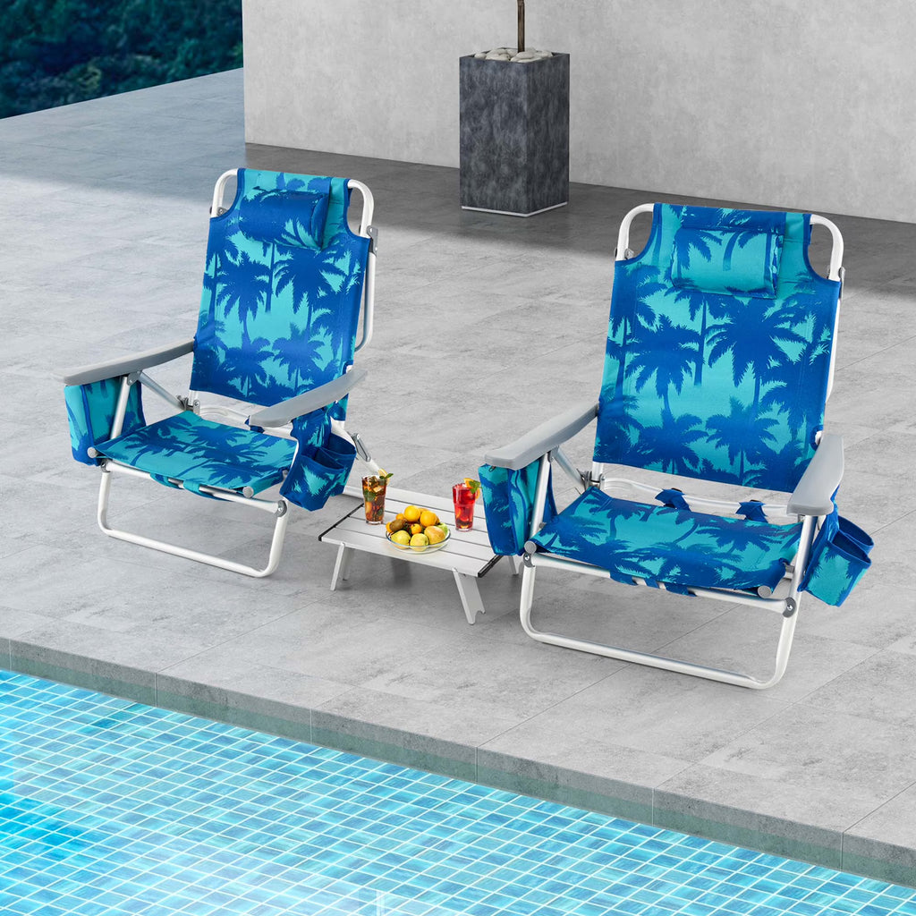 Costway 2-Pack Folding Backpack Beach Chair Table Set 5-Position Outdoor Reclining Chair Pink