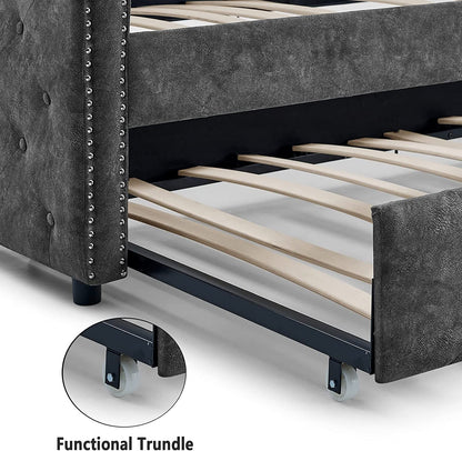 Daybed with Trundle, Muumblus Modren Kids Pull Out Sofa Bed for Bedroom & Living Room, Twin Size, Grey Linen Upholstered
