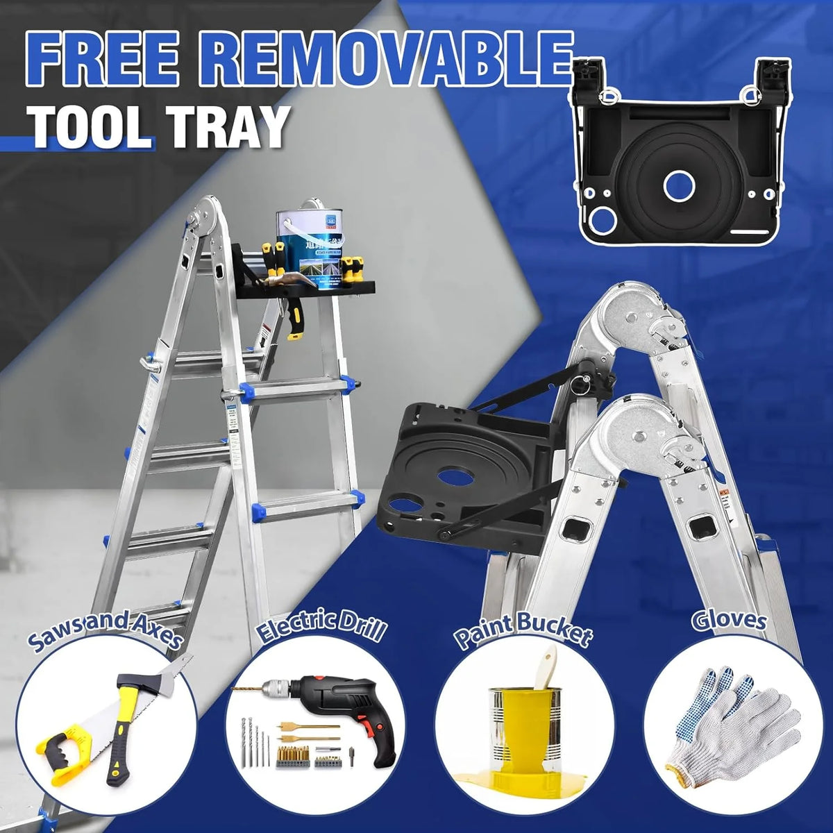 HBTower Ladder, A Frame 4 Step Extension Ladder, 14 Ft Multi Position Ladder with Removable Tool Tray and Stabilizer Bar, 330 lbs Capacity Telescoping Ladder for Household and Outdoor Work