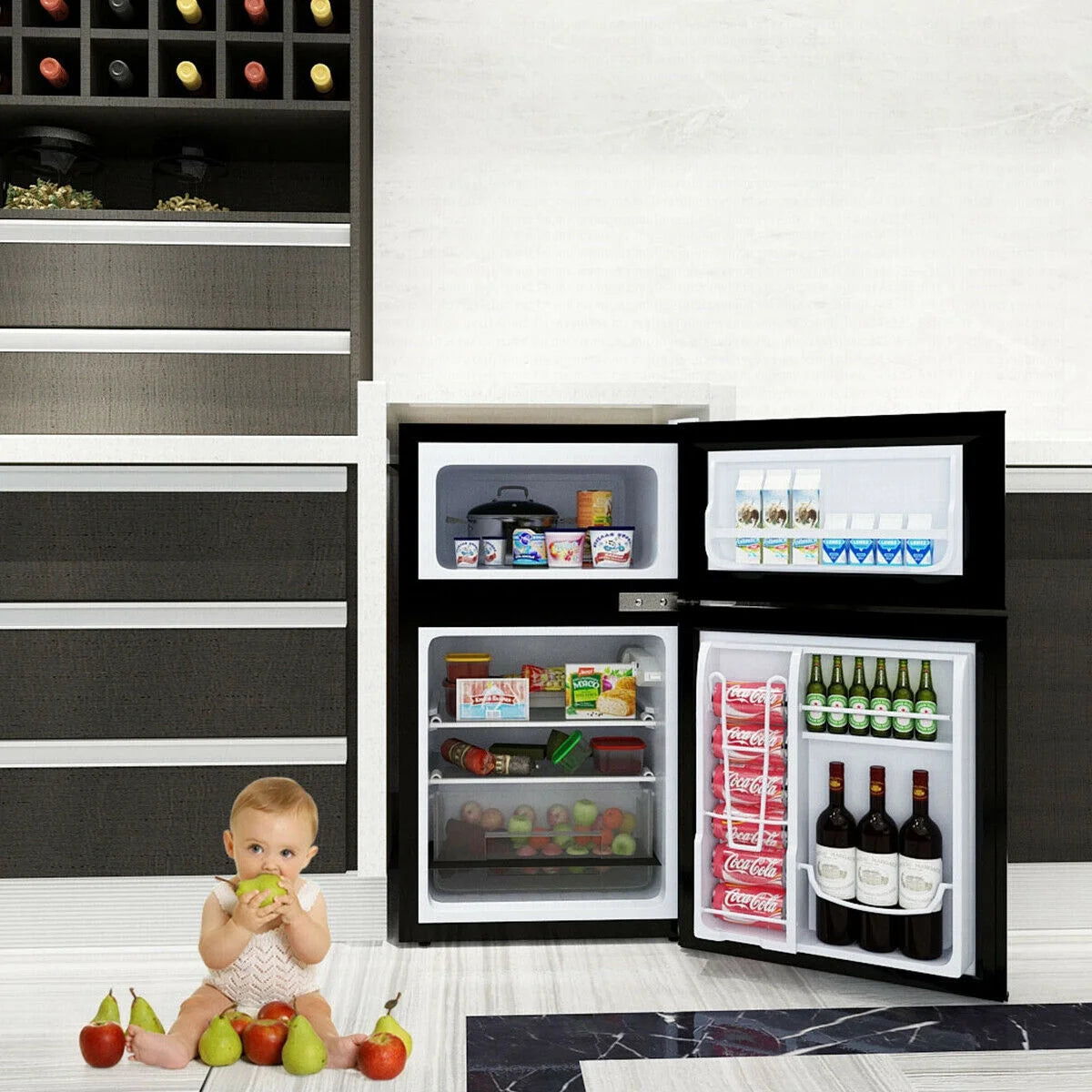 Costway Refrigerator Small Freezer Cooler Fridge Compact 3.2 cu ft. Unit, Grey
