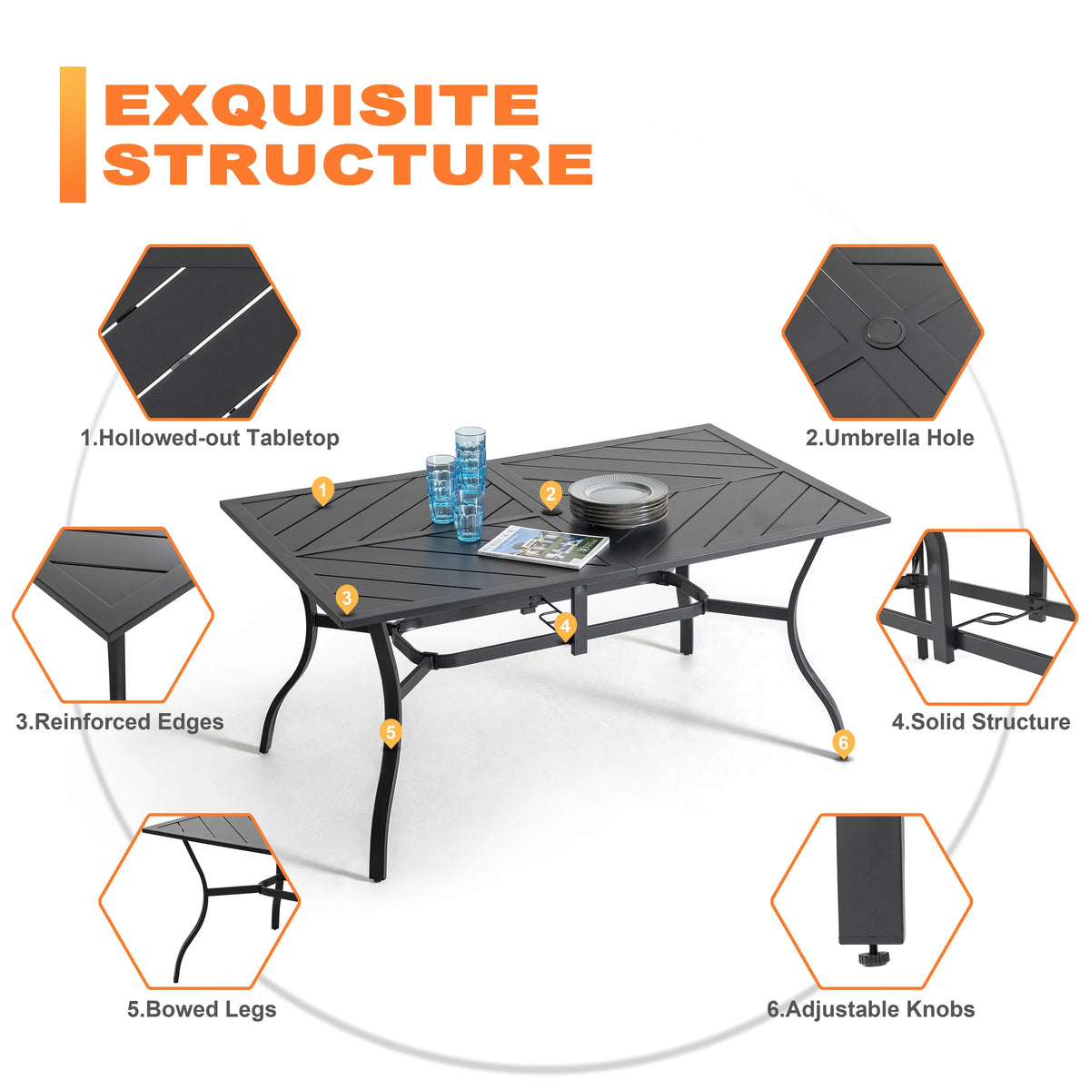 Nuu Garden 7 Piece Outdoor Dining Set, Outdoor Padded Textilene Patio Chairs and 61'' Rectangular Dining Table with Umbrella Hole, Grey & Black