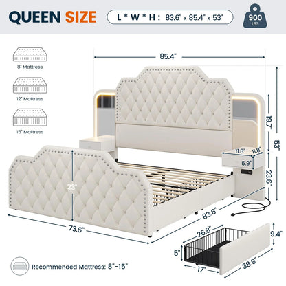 Queen Bed Frame with 2 Nighstands, Power Outlets and 4 Drawers, Upholstered Bed with Vanity Tables and Mirrors, Modern Velvet Tufted Platform Bed with Headboard & Footboard, Black