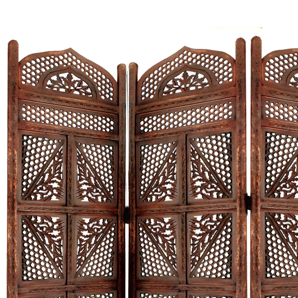 Four Panel Wooden Room Divider with Hand Carved Details in Antique Brown
