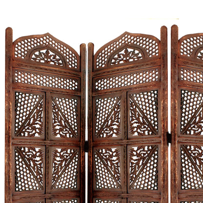 Four Panel Wooden Room Divider with Hand Carved Details in Antique Brown