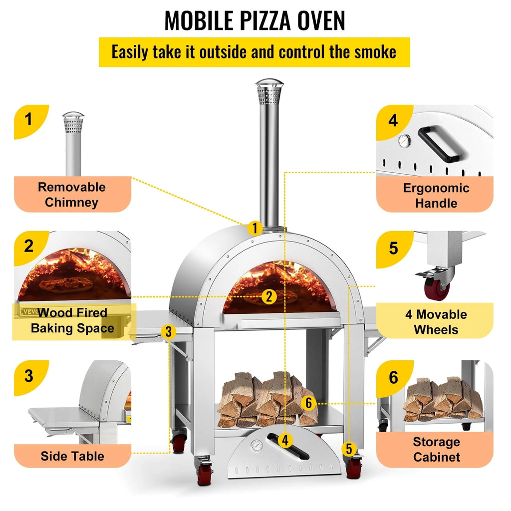 BENTISM Outdoor Pizza Oven Wood Fired Pizza Oven Movable Stainless Steel 32"