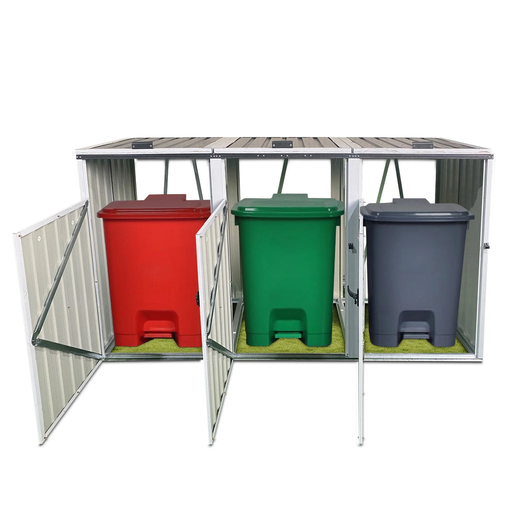 Aukfa 7.3' W Outdoor Garbage Bin Storage, Metal Storage Shed for 3 Trash Cans Tools, Waterproof Trash Can Storage
