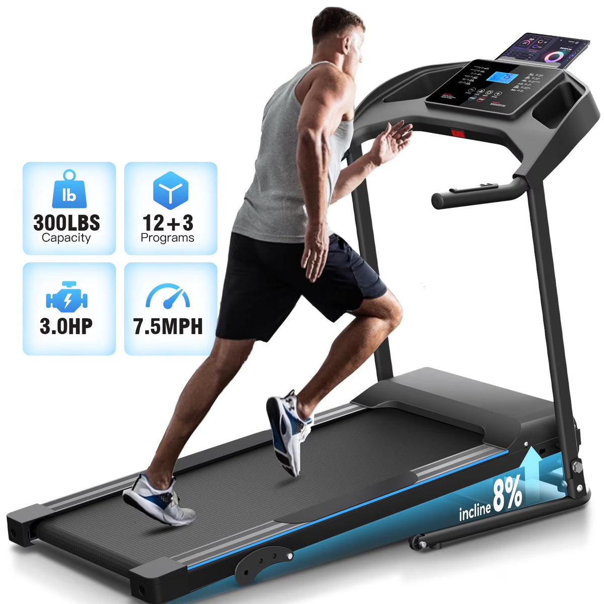 Treadmill with 8% Incline, 3.0 HP Foldable Compact Treadmill with Sit-up Function, 300 lbs Walking Running Treadmill with LCD Display for Exercise, 12 Programs