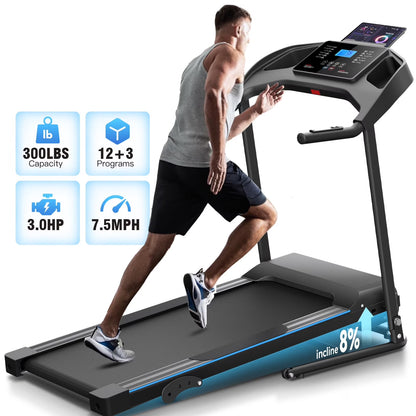 Treadmill with 8% Incline, 3.0 HP Foldable Compact Treadmill with Sit-up Function, 300 lbs Walking Running Treadmill with LCD Display for Exercise, 12 Programs