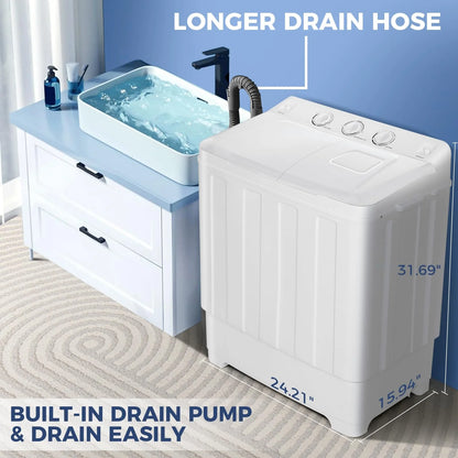 Veeboto Portable Washing Machine, 30LBS Twin Tub Mini Compact Laundry 19lbs Washer/11lbs Spinner with Drain Pump & Time Control Washer Spinner Combo, White