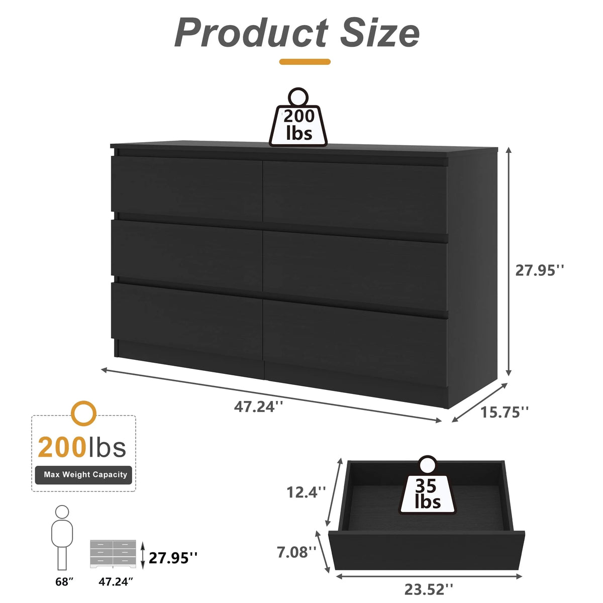 Kadyn Modern 6 Drawer Dresser Wood Cabinet,Dresser for Bedroom, Kitchen Storage Cabinet with Drawers, Chest of Drawers(Black)