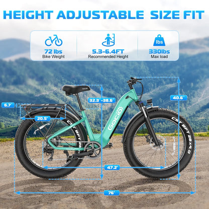 Gocio Electric Bike for Adults, 26" Fat Tire E-Mountain Bike, 1350W Peak Motor 48V 15Ah Battery, 22MPH 7-Speed Ebike for off Road, UL 2849