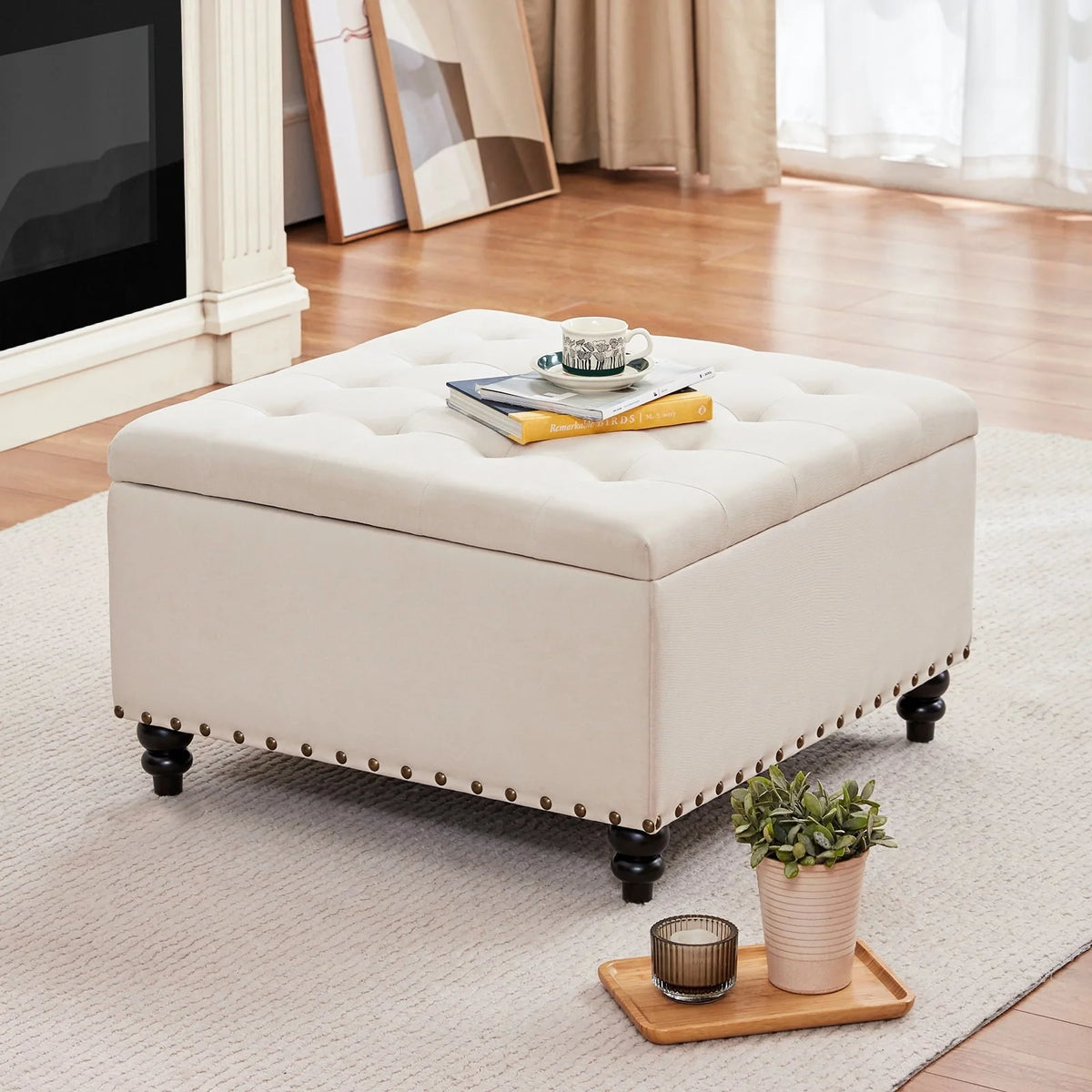 HUIMO Large Square Storage Ottoman Bench, 30-inch Wide Storage Bench Coffee Table with Tufted Oversized, for Living Room (Beige)