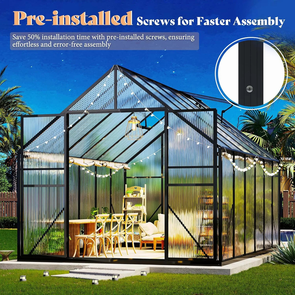 Jocisland 8x8x7 FT Polycarbonate Walk-In Greenhouse with Aluminum Frame, 2 Top-Opening Windows & 2 Swing Doors, Heavy Duty for Outdoor Garden Use, Black